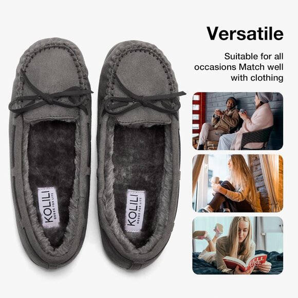 Women's Faux Fur Warm Winter Cozy Durable Rubber Sole Gray Slippers Boot Shoes - Picture 6 of 6